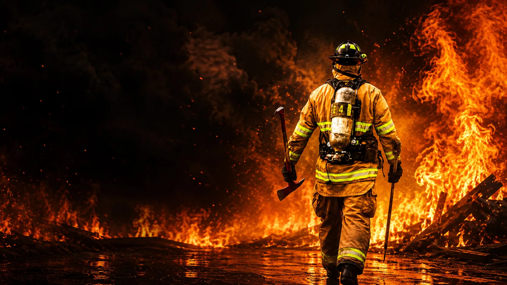 Firefighter advancing into the flames